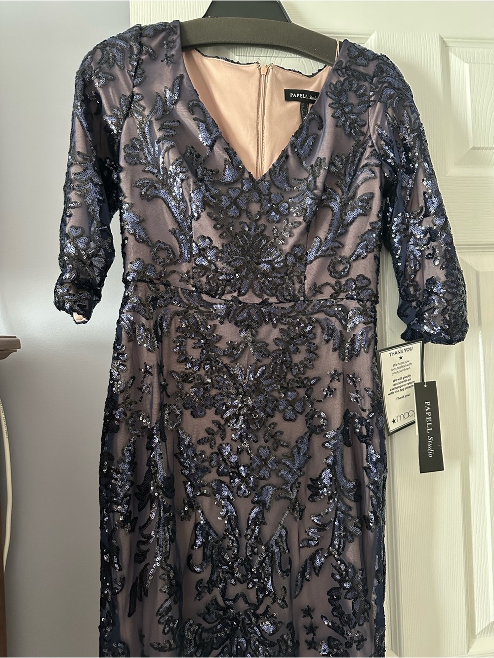 Adrianna Papell Navy Sequin Embellished V-Neck Evening Gown
